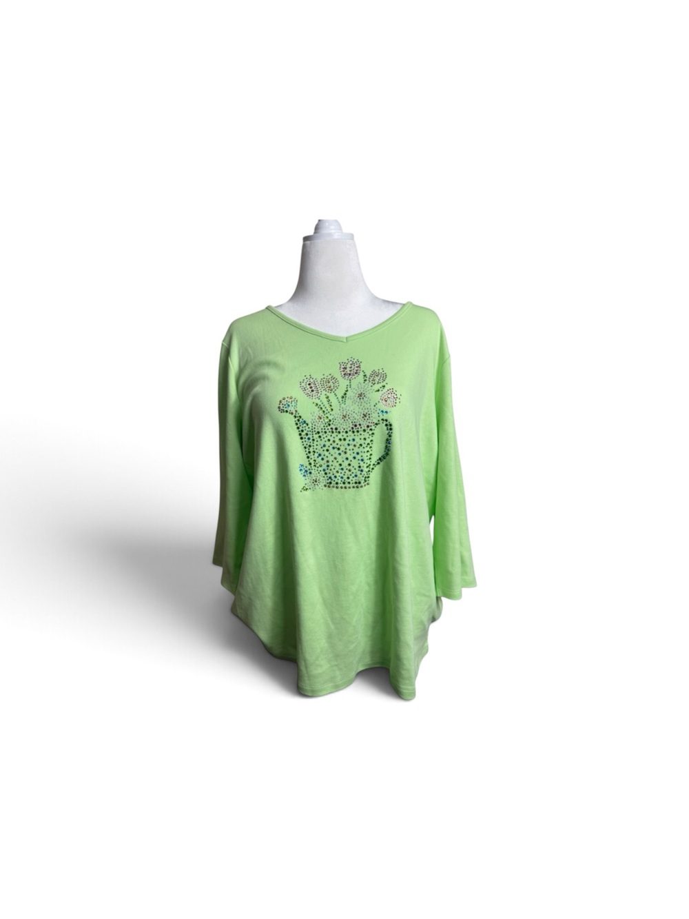 Quacker Factory Light Green Embellished Watering Can Floral Long Sleeve Top